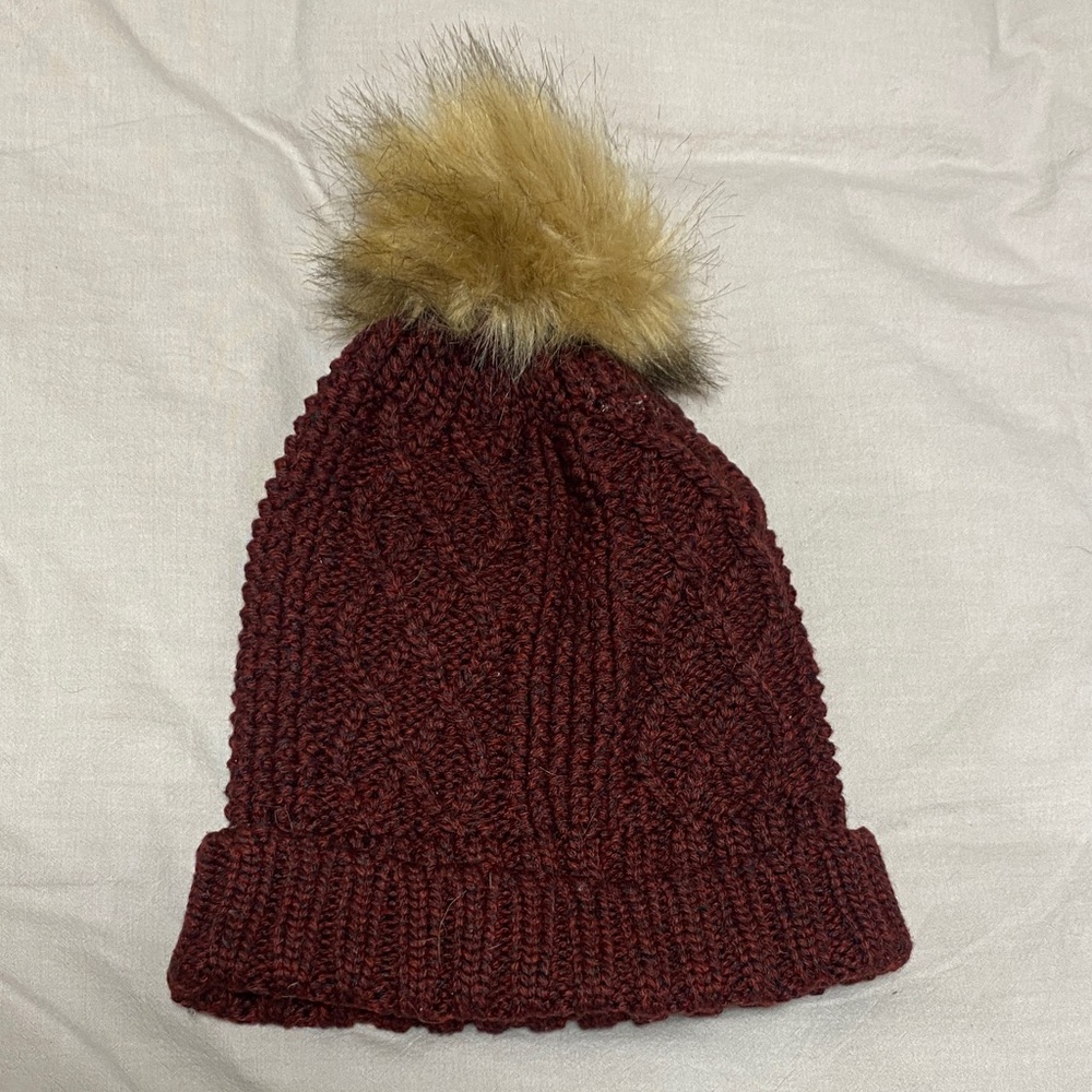 Burgundy Knit Beanie with Faux Fur Pom